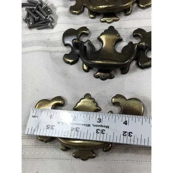 6PC Large Queen Anne Chippendale Drawer Pulls Lock Plate Brass Tone Metal Screws solofficialkw.com
